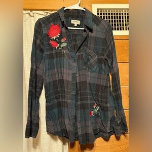 Express Black Plaid Shirt with Red Embroidery